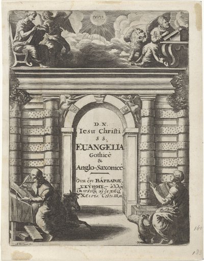 Cuatro evangelistas alrededor de una puerta Página de título para: Junius, Franciscus y Marshall, Thomas. Quatuor D.N. Jesucristo S.S. Evangelia gótica y anglosajona, 1665 de Abraham Dircksz. Santvoort