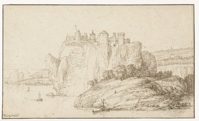 Castillo sobre una roca en un paisaje fluvial de Abraham Furnerius