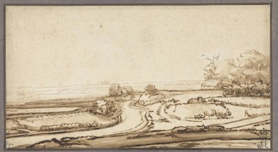 Paisaje ondulado con carretera y casa al borde del bosque de Abraham Furnerius