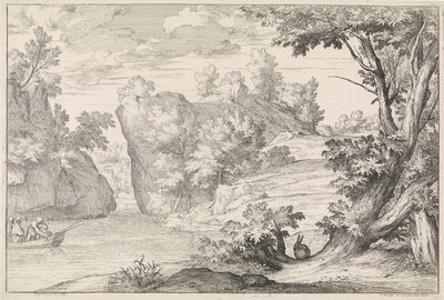 Paisaje de río con una liebre. de Abraham Genoels