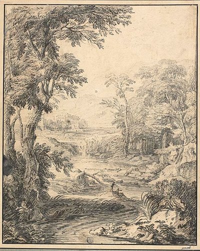 Paisaje fluvial con dos figuras en primer plano, castillo a lo lejos de Abraham Genoels II