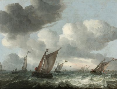 Barcos de pesca frente a la costa en un mar agitado (óleo sobre tabla) de Abraham Hendricksz van Beyeren