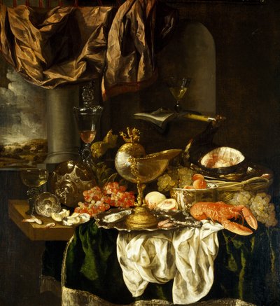 Naturaleza muerta con paisaje de Abraham Hendricksz van Beyeren