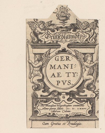 Cartouche con vier putti Cartouche van een kaart van Duitsland Deutschlandt. Tipo Alemania (título sobre objeto) Teatro mundial (título de la serie) de Abraham Hogenberg