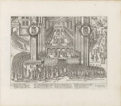 Vista del exterior de la Abadía de Westminster durante la coronación de Jaime I de Abraham Hogenberg