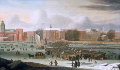 Una feria de hielo en el Támesis en Temple Stairs, c1684 de Abraham Hondius