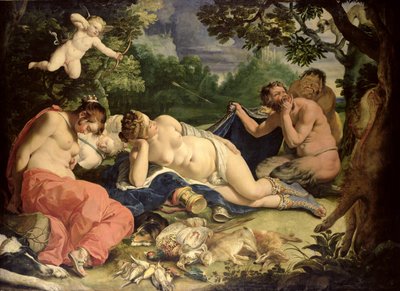 Diana y las ninfas durmiendo, visitadas por sátiros de Abraham Janssens van Nuyssen