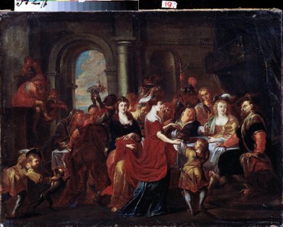 su madre. La cabeza del santo se coloca sobre la mesa. Pintar de Abraham Jansz. van Diepenbeeck