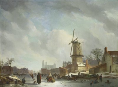 Retozando en un canal congelado en un pueblo de Abraham Johannes Couwenberg