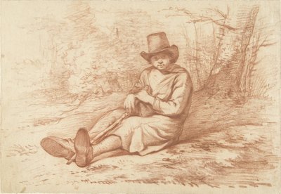 Niño sentado con sombrero y bastón, cerca de un árbol de Abraham Johannes Ruytenschildt