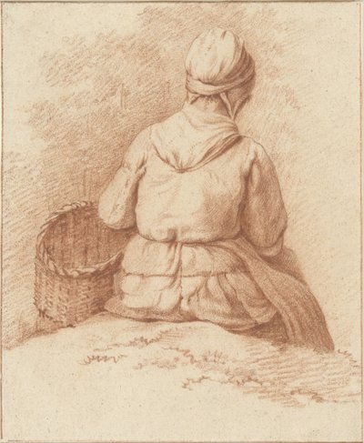 Pescadora sentada con una cesta en el brazo, vista desde atrás de Abraham Johannes Ruytenschildt