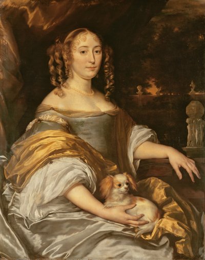 Retrato de una joven con vestido azul y perro faldero de Abraham Lambertsz van den Tempel