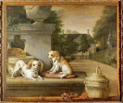 Dos perros en un parque, cestas para perros y una casa de campo de Abraham Lamberts Jacobsz van den Tempel