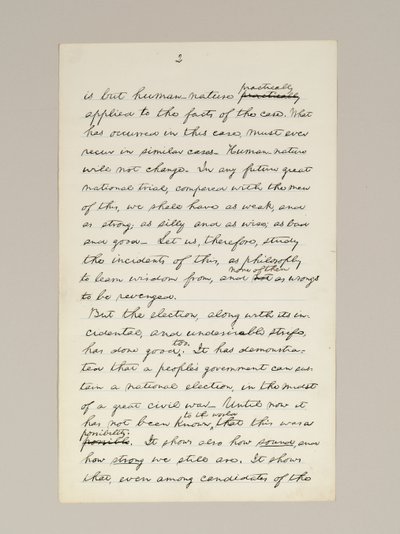 Manuscrito autógrafo del discurso de victoria electoral de Lincoln como presidente, pronunciado en Washington D.C., desde la ventana de la Casa Blanca la noche del 10 de noviembre de Abraham Lincoln