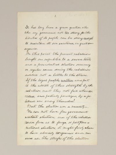 Manuscrito autógrafo del discurso de victoria electoral de Lincoln como Presidente, pronunciado en Washington D.C., desde la ventana de la Casa Blanca la noche del 10 de noviembre de Abraham Lincoln