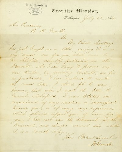 Carta firmada por A. Lincoln, Mansión Ejecutiva, Washington, a Su Excelencia, H.R. Gamble, 23 de julio de 1863 de Abraham Lincoln