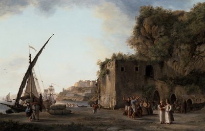Pareja: Vista del puerto con mercaderes y marineros tocando música de Abraham Louis Rudolph Ducros