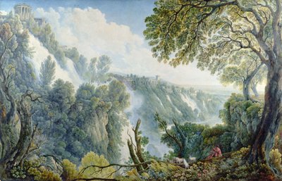 Las cataratas de Tívoli con un hombre sentado debajo del Templo de la Sibila de Abraham Louis Rudolph Ducros
