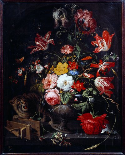 Gato derribando un jarrón de flores de Abraham Mignon