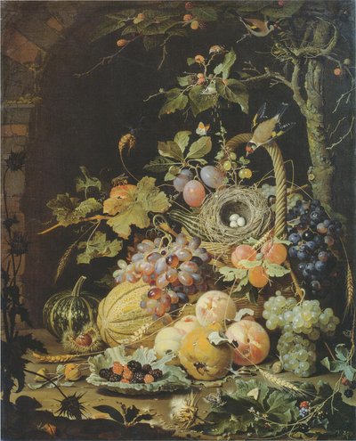 Alemán: Ein Vogelnest im Fruchtkorb Un nido de pájaros en una cesta de fruta de Abraham Mignon
