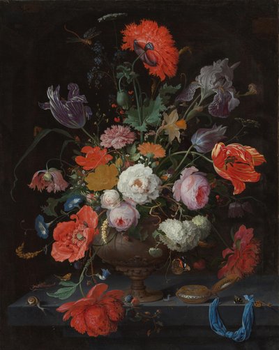 Naturaleza muerta con flores y un reloj de Abraham Mignon
