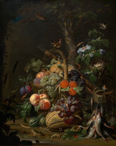 Naturaleza muerta con frutas, pescado y un nido, c. 1675 de Abraham Mignon