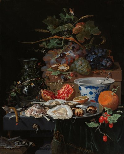Bodegón con fruta, ostras y un cuenco de porcelana de Abraham Mignon