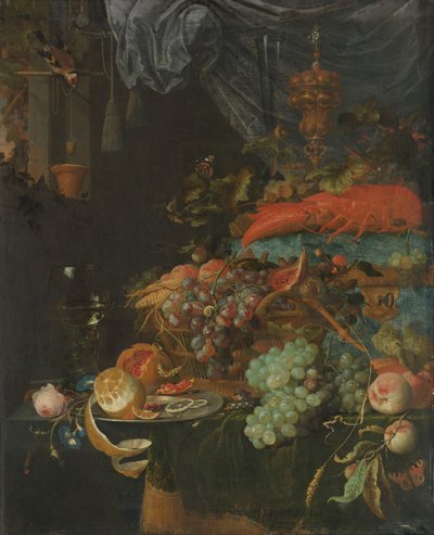 Bodegón con fruta y jilguero de Abraham Mignon