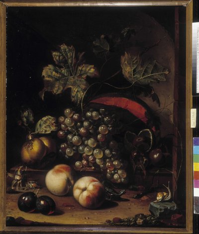 Naturaleza muerta de frutas y animales de Abraham Mignon