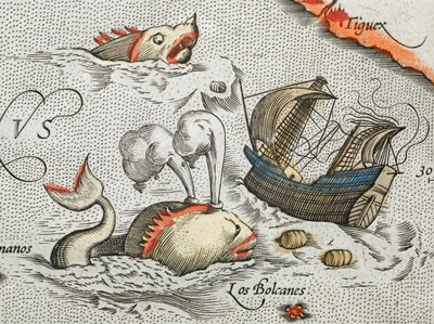 (Detalle). Monstruos marinos atacan un barco. de Abraham Ortelius