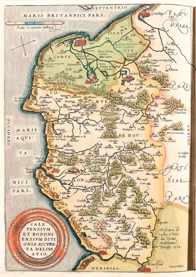 Caletensium et Bononiensium Ditionis Accurata Delineatio Mapa geográfico del territorio de Boulonnais (Condado de Boulogne), Artois y Flandes francés (Francia) incluyendo los lugares de Calais, Arches, Greuelinge, Étaples y Montreuil... tomado del Theatrum de Abraham Ortelius