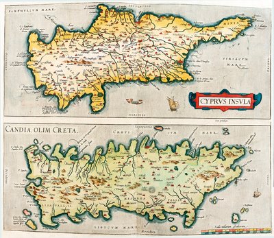 Cyprus Insula - Candia, olim Creta. Mapa geográfico de las islas mediterráneas de Chipre y Creta en Grecia de 