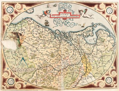 Descriptio Germaniae Inferioris Mapa geográfico del territorio de los Países Bajos Germánicos de 