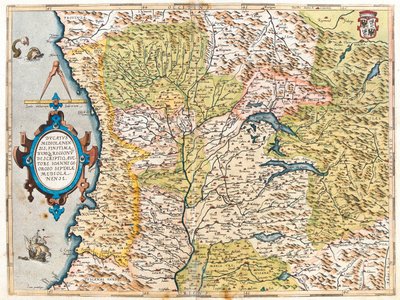 Francia (Región: , Franco Condado, Ródano-Alpes, Provenza-Alpes-Costa Azul), sur de Suiza, Italia (Región: Liguria, Piamonte, Valle de Aosta, Lombardía, oeste de Trentino-Alto Adigio, oeste de Emilia-Romaña, noroeste de Toscana). de Abraham Ortelius