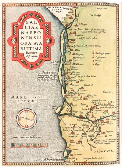 Galliae Narbonensis ora Marittima Recenter descripta Mapa geográfico del territorio de Narbona que va desde la ciudad de Narbona hasta Marsella pasando por Béziers, Montpellier, Arles... tomado del “Theatrum Orbis Terrarum” por Abraham Ortelius (Oertel, Or de Abraham Ortelius