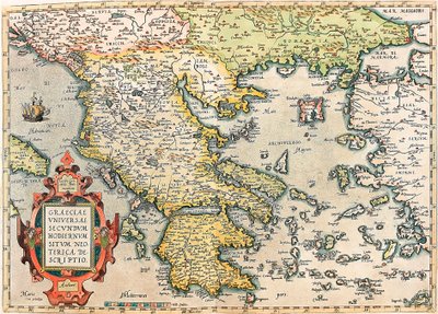 Graeciae Universae Secundum Hodiernum Neoterica Descriptio Mapa geográfico del territorio de Grecia con el Peloponeso y las islas tomado de “Theatrum Orbis Terrarum” por Abraham Ortelius de Abraham Ortelius