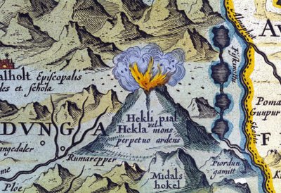 Volcán Hekla en Islandia. Atlas de Abraham Ortelius, Ámsterdam 1588 de Abraham Ortelius