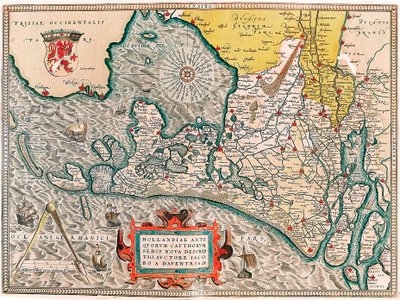 Hollandiae antiquorum catthorum sedis nova descriptio, auctore lacobo a daventria Mapa geográfico del territorio de los Países Bajos con las ciudades de Ámsterdam y Haarlem... tomado de 