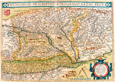 Descripción de Hungría por Wolfgango Lazio. Mapa geográfico del territorio de Hungría de 