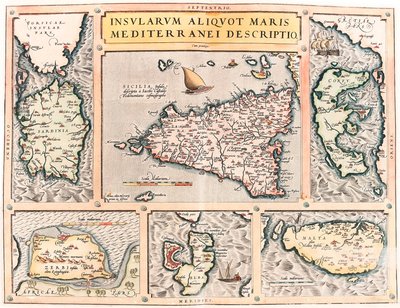 Insularum Aliquot Maris Mediterranei Descriptio. Mapa geográfico de las islas del Mediterráneo de Sicilia, Cerdeña, Corfú, Malta, Djerba y Elba de “Theatrum Orbis Terrarum” por Abraham Ortelius de Abraham Ortelius