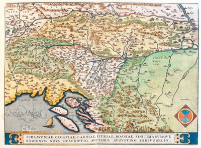 Italia (Región: Friuli-Venecia Julia), Austria (Estado: Tirol, Carintia), Eslovenia, norte de Croacia, centro-norte de Bosnia y Herzegovina. de Abraham Ortelius