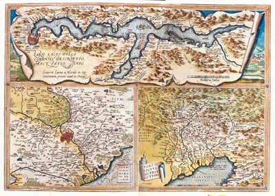 Lago de Como (Italia; región: Lombardía), Roma (Italia; región: Lacio), Golfo de Trieste (Italia: región Friul-Venecia Julia; Eslovenia: región tradicional Litoral esloveno; Croacia: condado de Istria). de Abraham Ortelius