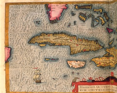 Mapa de Cuba y Jamaica, del Theatrum Orbis Terrarum por Abraham Ortelius, impreso en Amberes de Abraham Ortelius