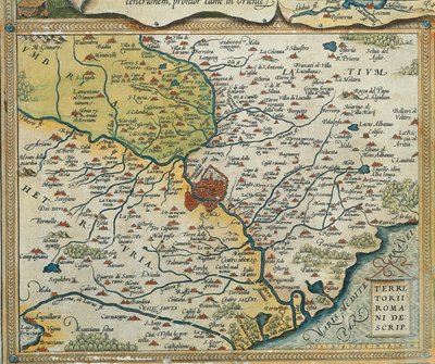 Mapa de la región de Lacio, de Theatrum Orbis Terrarum de Abraham Ortelius