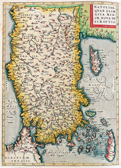 Natoliae, Quae Olim Asia Minor Nova Descriptio Mapa geográfico del territorio de Asia Menor (Estambul y Turquía con las islas de Rodas y Chipre) de “Theatrum Orbis Terrarum” por Abraham Ortelius (Oertel, Ortell o Ortel) de Abraham Ortelius