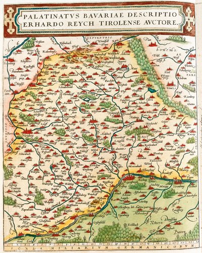 Descripción del Palatinado de Baviera por Erhardo Reych Tirolense. Mapa geográfico del territorio de Baviera en Alemania de 