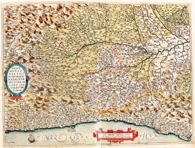Pedemontanae Vicinorumque Regionum Auctore Iacobo Castaldo Descrip. Mapa geográfico del territorio de Italia desde Mónaco en Francia hasta Génova pasando por las provincias de Imperia de Savona y Génova de 