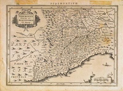 Principado de Piamonte, Ducado de Monferrato, Liguria Occidental y parte de la región de Liguria Oriental, de Theatrum Orbis Terrarum por Abraham Ortelius de Abraham Ortelius
