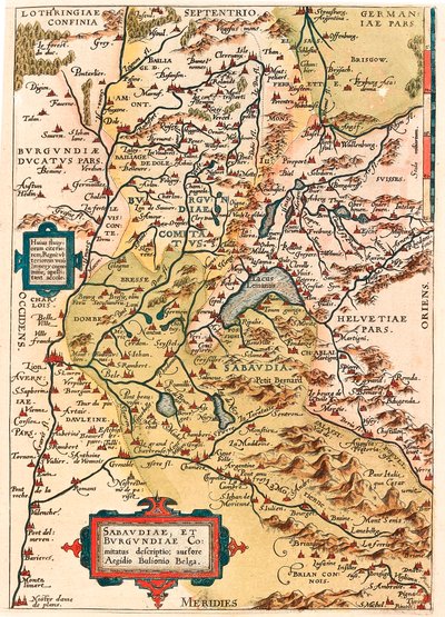Sabaudia et Burgundiae Comitus description Mapa geográfico del territorio de Borgoña y Saboya (Pontarlier, Dijon, Lago Lemán y Suiza) de “Theatrum Orbis Terrarum” por Abraham Ortelius (Oertel, Ortell o Ortel) de Abraham Ortelius