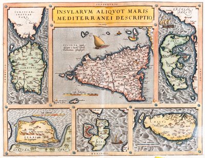 Cerdeña, Sicilia, Corfú, Djerba, Elba, Malta, Italia, Grecia, Túnez de Abraham Ortelius